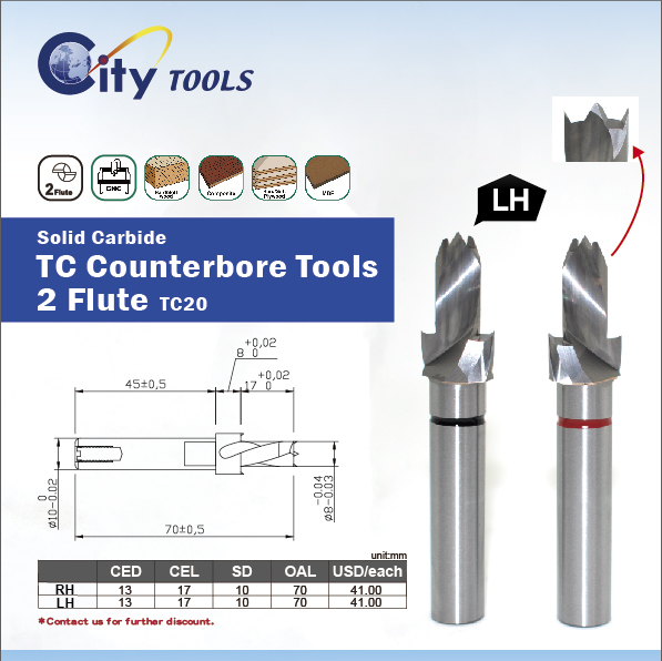 Solid Carbide TC Counterbore Tools 2 Flute